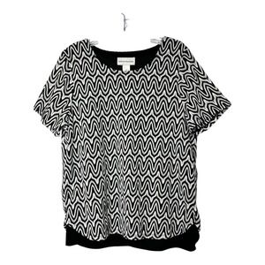 Alfred Dunner Black White Print Top Short Sleeve‎ Lined Blouse Womens Size M